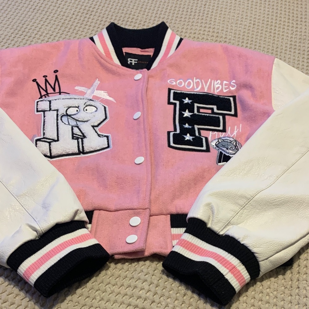 RF Redfox Pink and White,Black trim Varsity Jacket